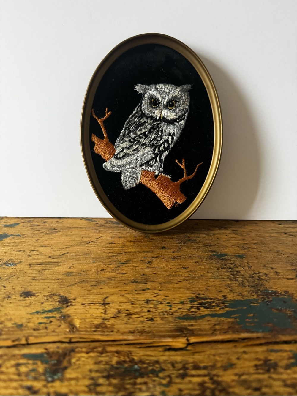 Handcrafted Owl Embroidery Wall Art - Black, Brown on Velvet